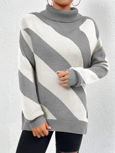 Striped Turtleneck Dropped Shoulder Sweater - NocturnalExpressions