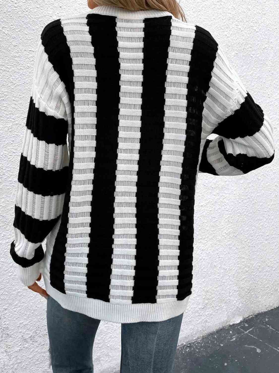 Striped Round Neck Long Sleeve Knit Top - NocturnalExpressions