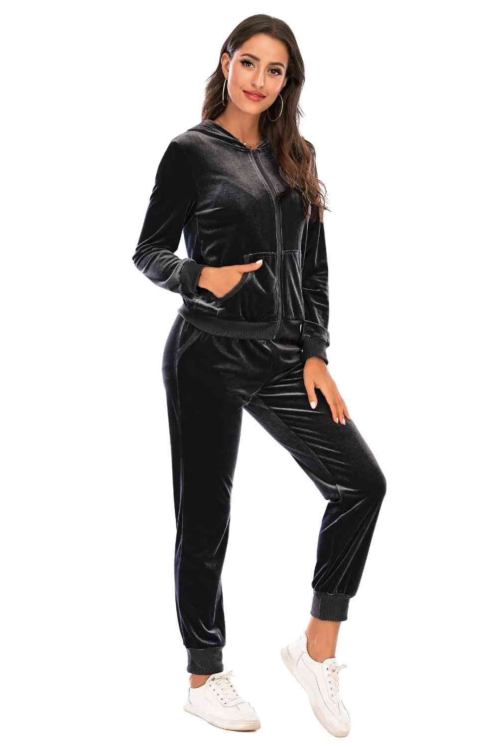 Zip-Up Hooded Jacket and Pants Set - NocturnalExpressions