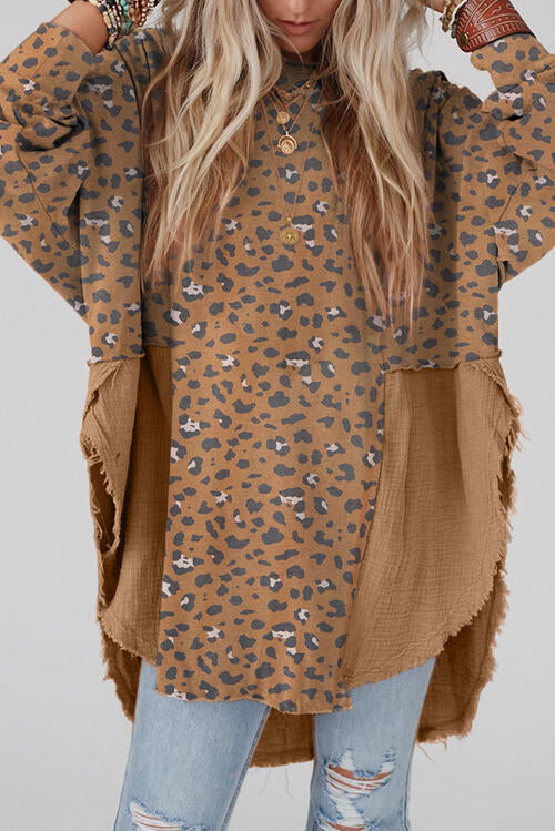 Textured Leopard Dropped Shoulder Blouse - NocturnalExpressions