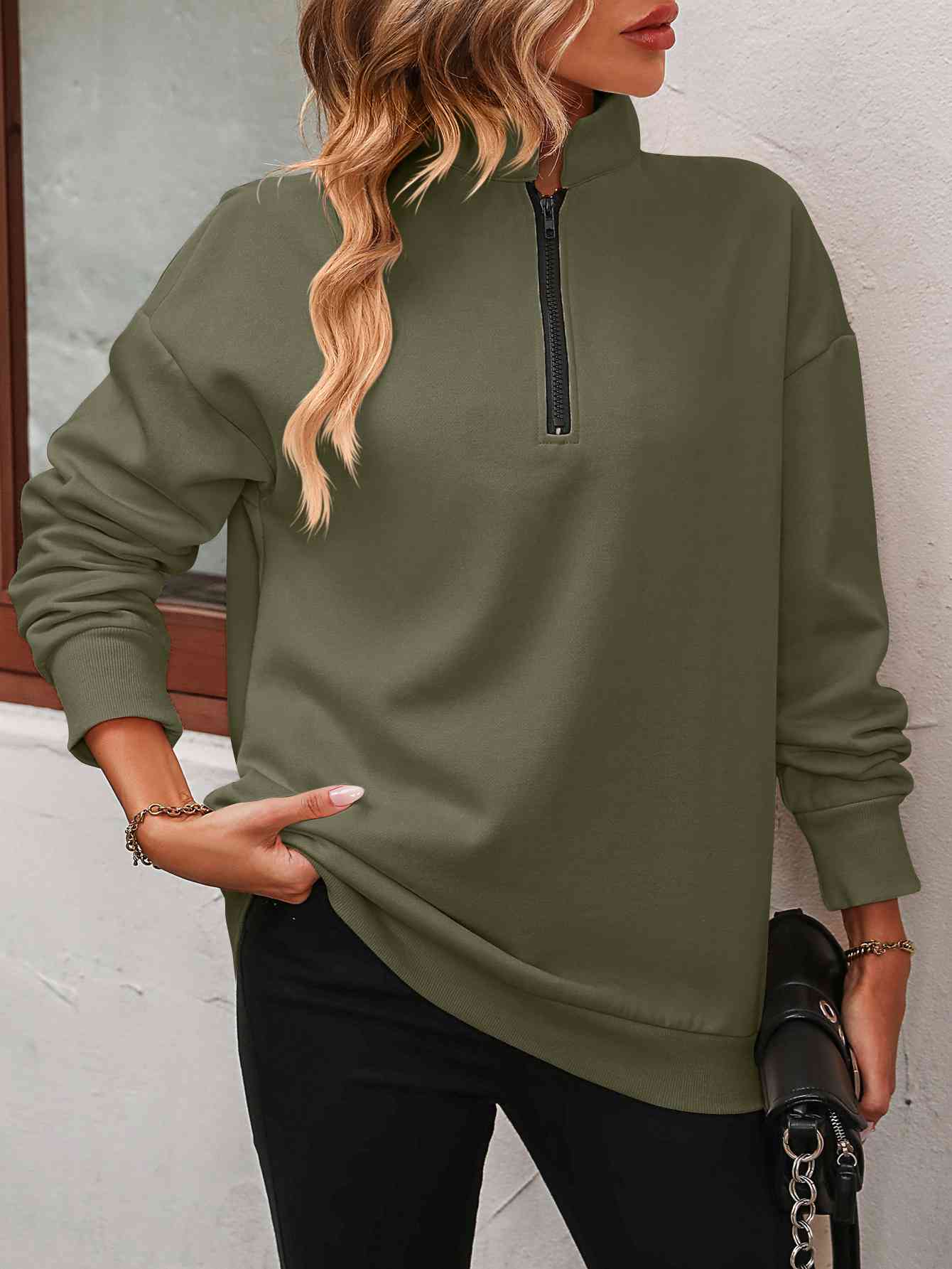 Zip-Up Dropped Shoulder Sweatshirt - NocturnalExpressions