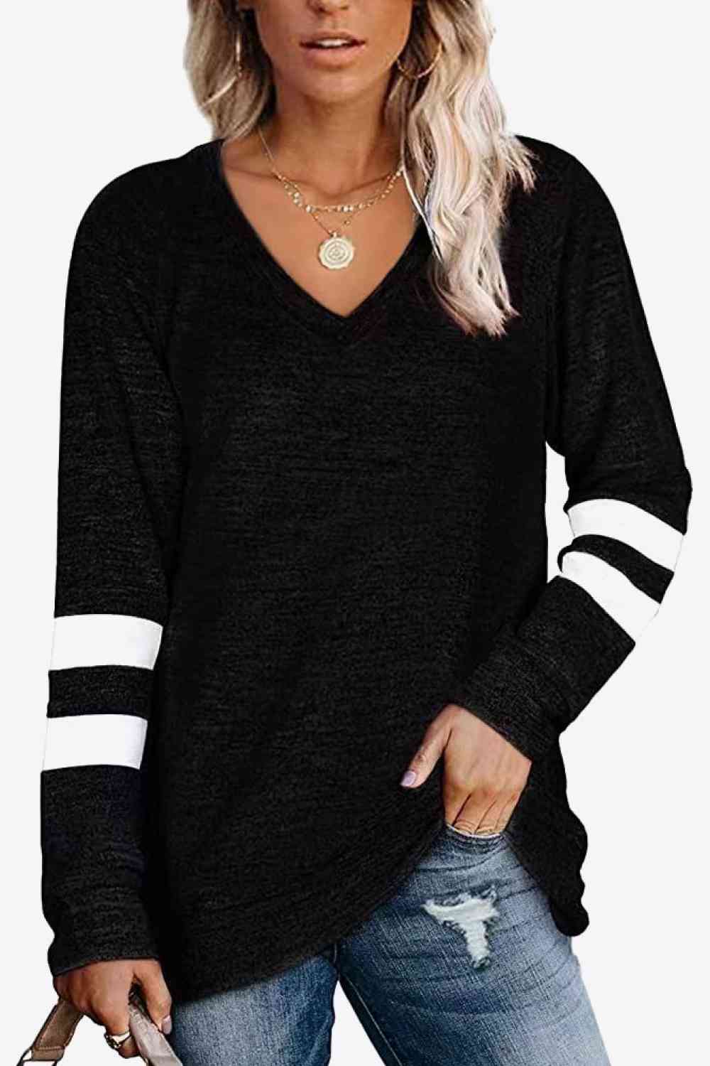 Striped Contrast Raglan Sleeve Top - NocturnalExpressions