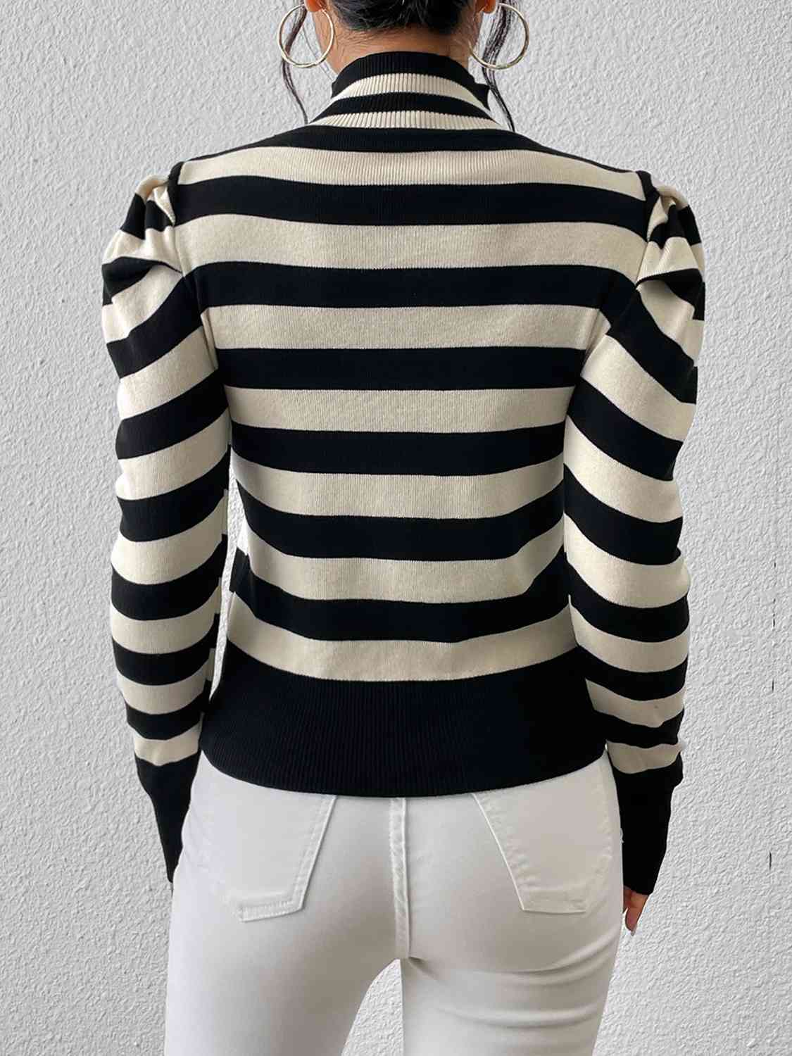 Striped Cutout Mock Neck Knit Top - NocturnalExpressions