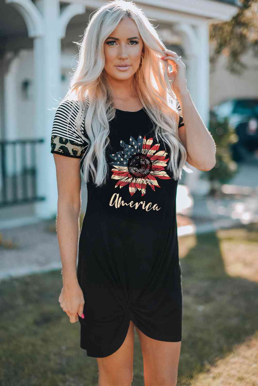 AMERICA US Flag Flower Graphic Twisted Dress - NocturnalExpressions