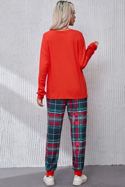 ALL IS BRIGHT Round Neck Top and Plaid Pants Lounge Set - NocturnalExpressions