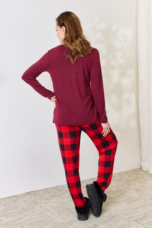 Zenana Full Size Plaid Round Neck Top and Pants Pajama Set - NocturnalExpressions