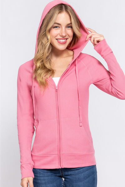 ACTIVE BASIC Waffle Knit Drawstring Zip Up Long Sleeve Hoodie - NocturnalExpressions