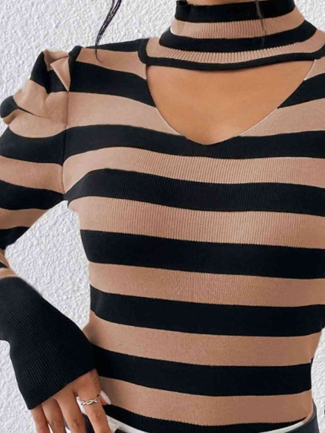 Striped Cutout Mock Neck Knit Top - NocturnalExpressions