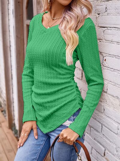 Textured Ruched V-Neck Long Sleeve T-Shirt - NocturnalExpressions