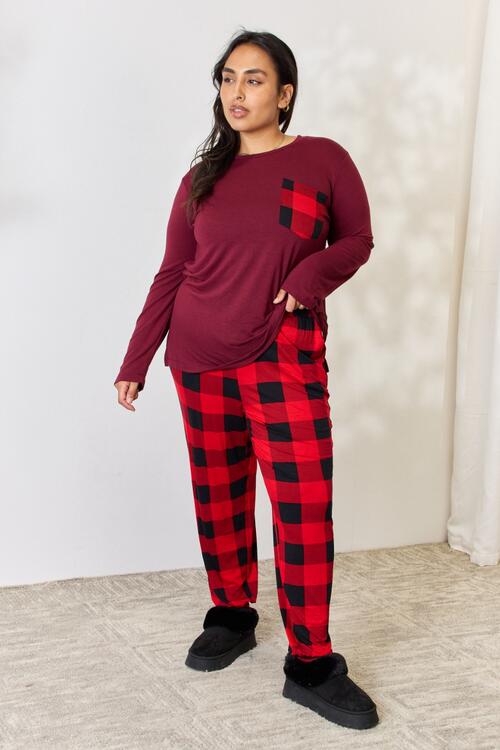 Zenana Full Size Plaid Round Neck Top and Pants Pajama Set - NocturnalExpressions