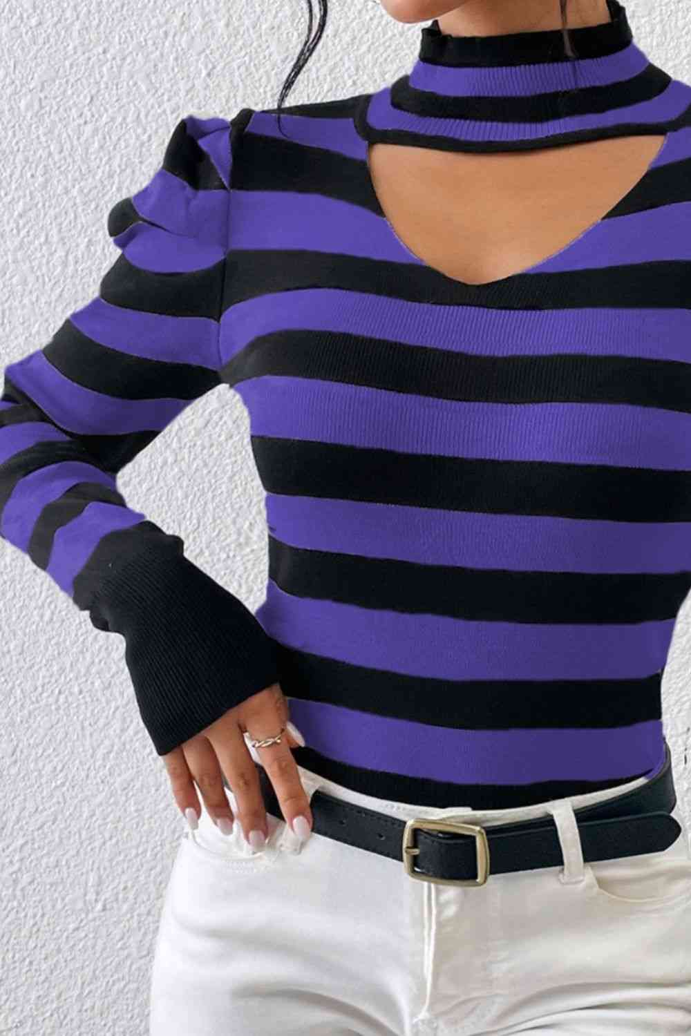 Striped Cutout Mock Neck Knit Top - NocturnalExpressions