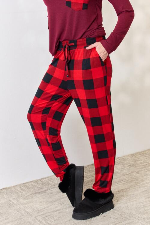 Zenana Full Size Plaid Round Neck Top and Pants Pajama Set - NocturnalExpressions