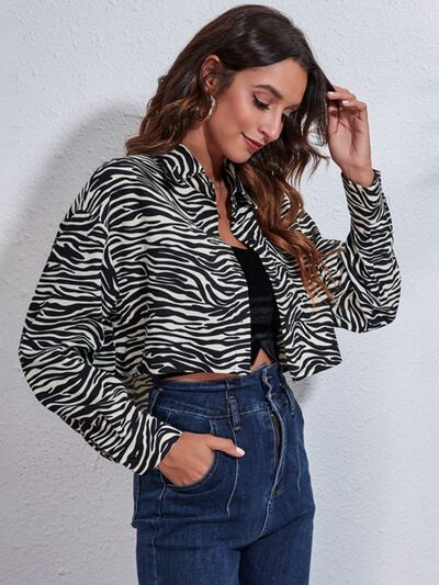 Zebra Print Button Up Collared Neck Cropped Jacket - NocturnalExpressions