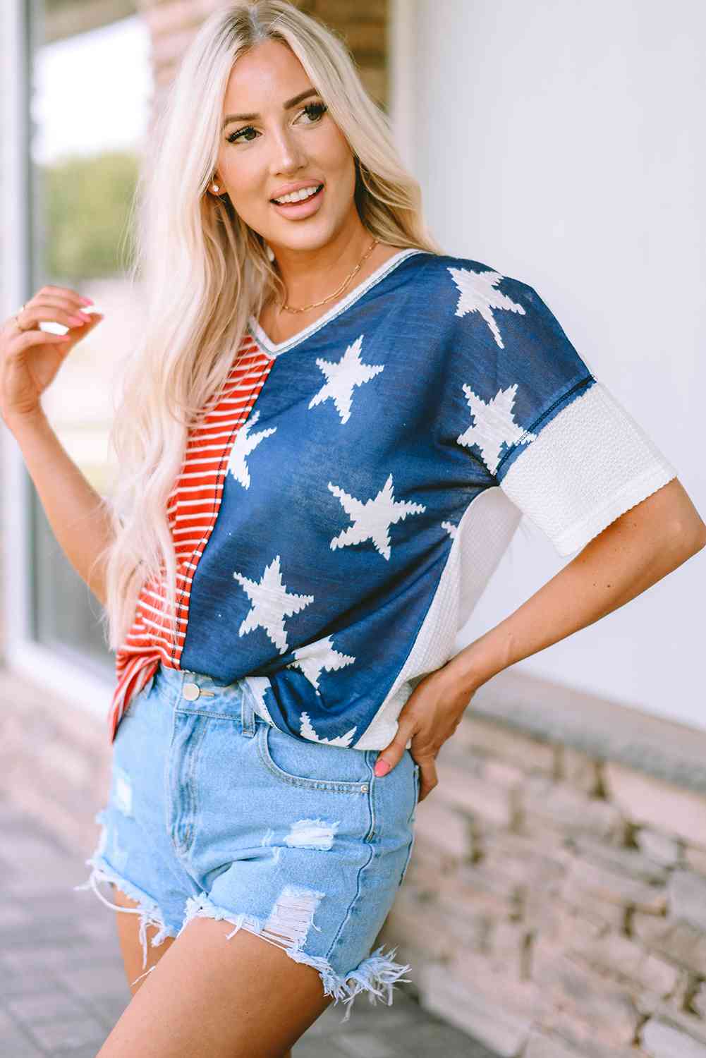 Star and Stripe V-Neck Top - NocturnalExpressions