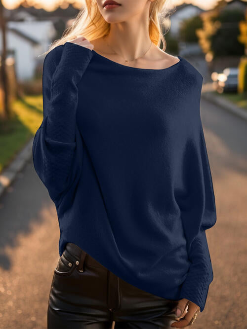 Texture Round Neck Long Sleeve Sweater - NocturnalExpressions