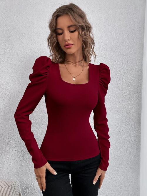 Square Neck Puff  Long Sleeve Top - NocturnalExpressions