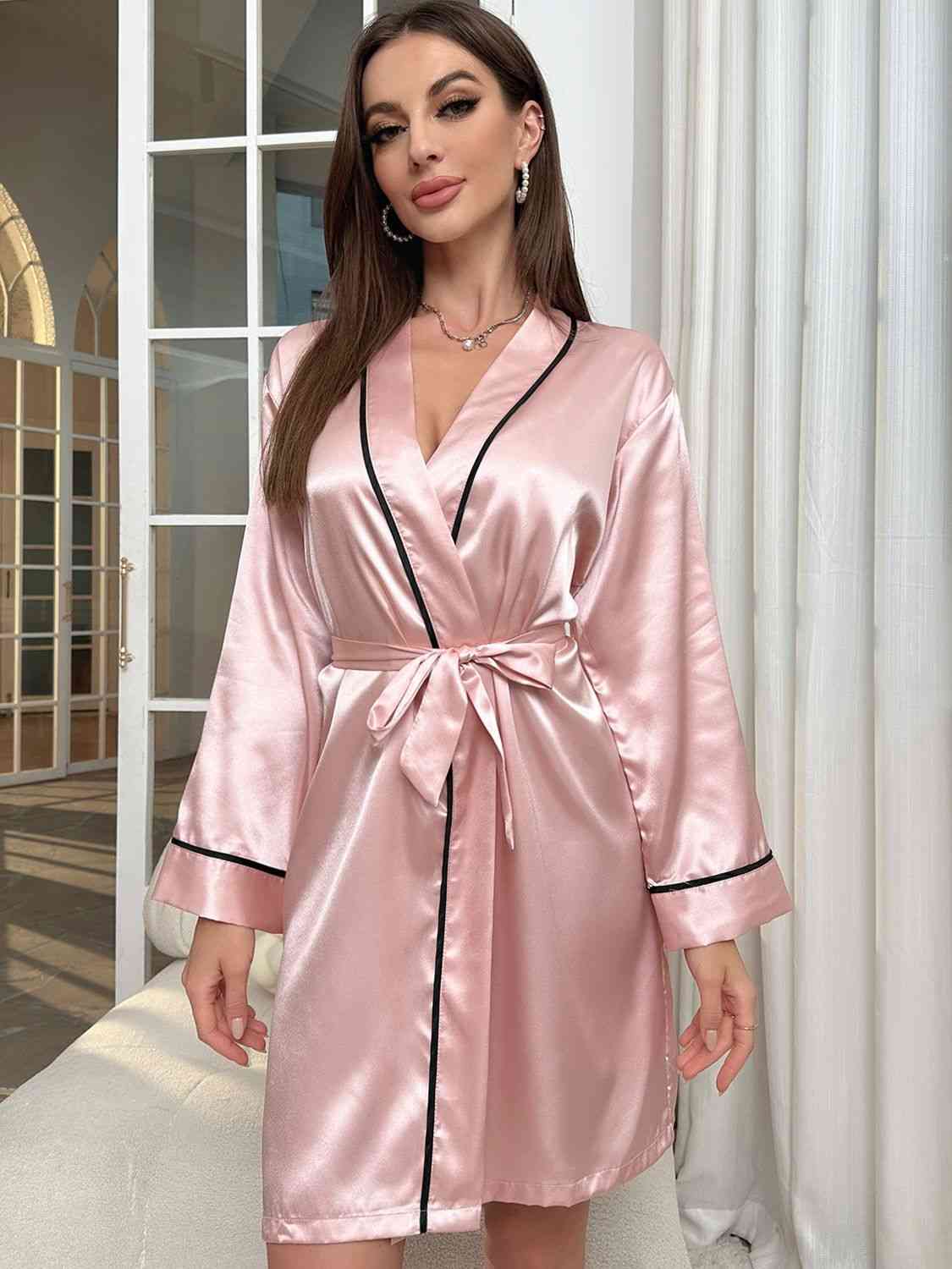 Tie Waist Surplice Neck Robe - NocturnalExpressions