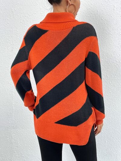 Striped Turtleneck Dropped Shoulder Sweater - NocturnalExpressions