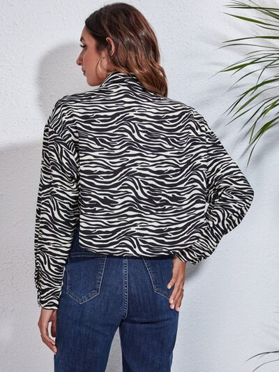 Zebra Print Button Up Collared Neck Cropped Jacket - NocturnalExpressions