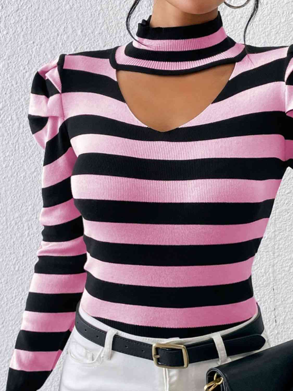 Striped Cutout Mock Neck Knit Top - NocturnalExpressions