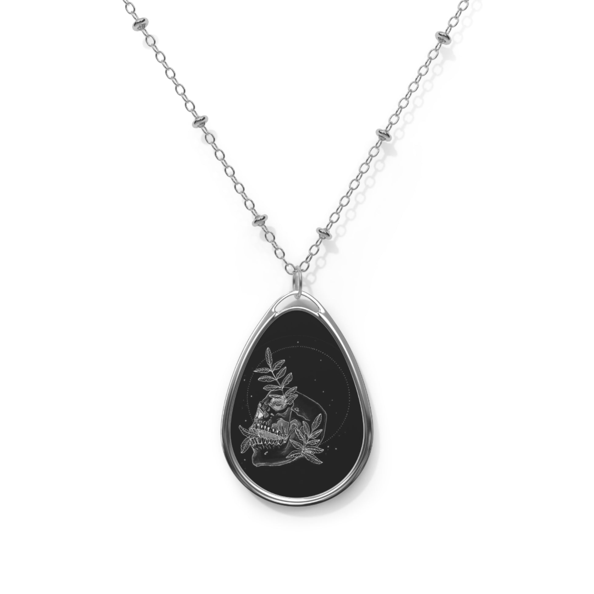 Black & White Skull & Leaves Graphic Elipse Necklace - NocturnalExpressions