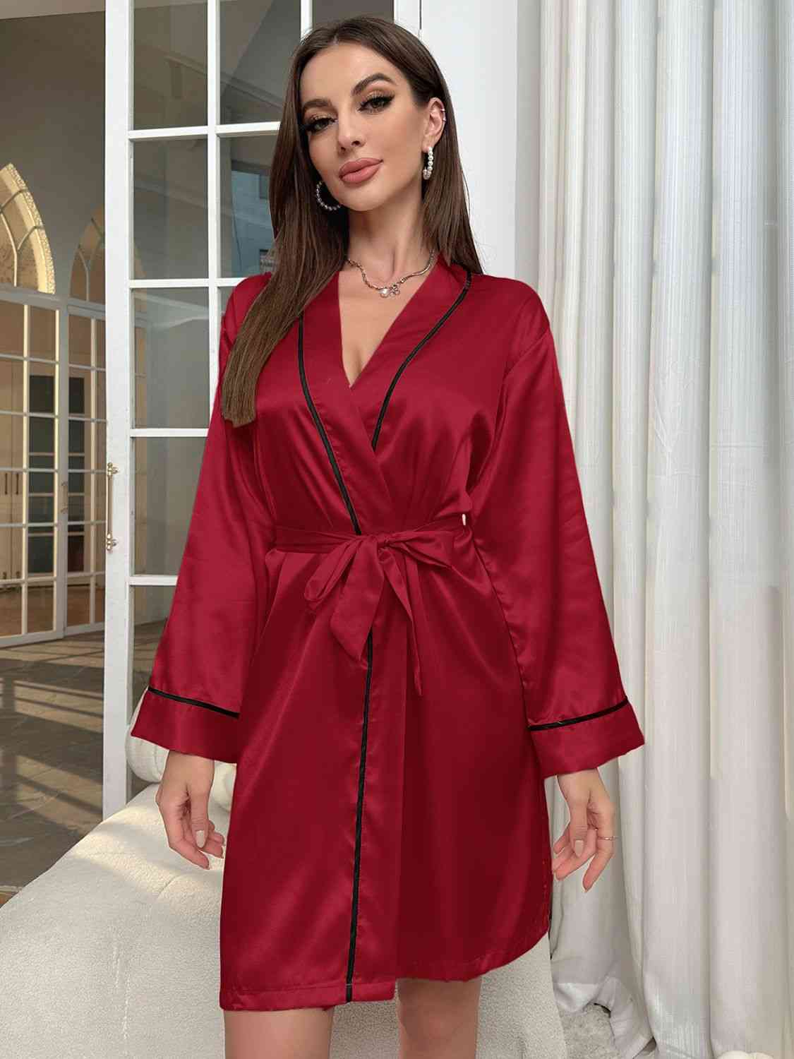 Tie Waist Surplice Neck Robe - NocturnalExpressions