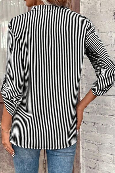 Striped Notched Roll-Tab Sleeve Shirt - NocturnalExpressions