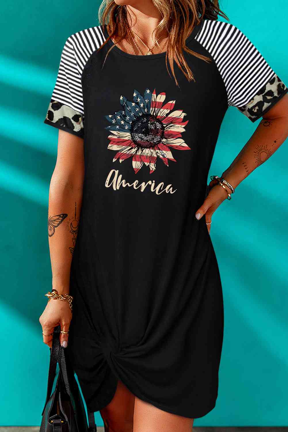 AMERICA US Flag Flower Graphic Twisted Dress - NocturnalExpressions