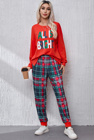 ALL IS BRIGHT Round Neck Top and Plaid Pants Lounge Set - NocturnalExpressions