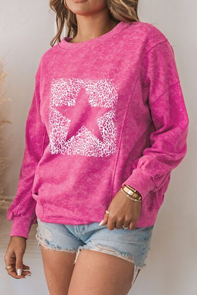 Star Heathered Round Neck Sweatshirt - NocturnalExpressions