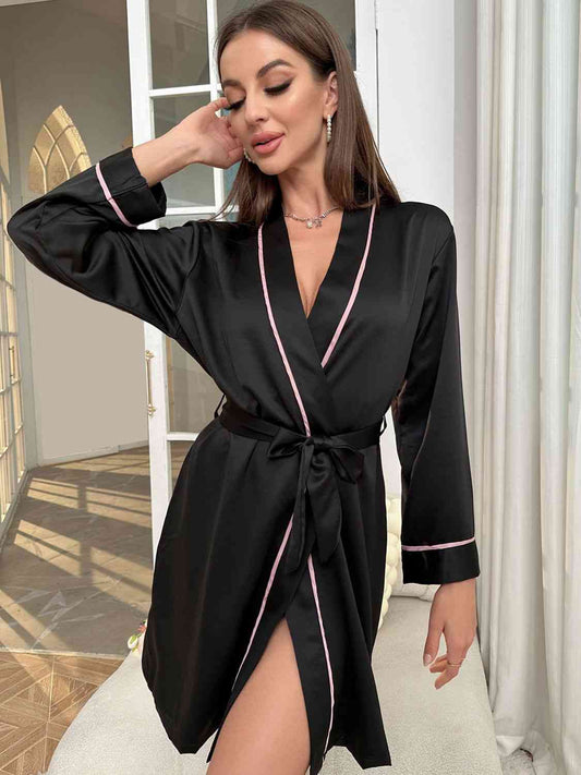 Tie Waist Surplice Neck Robe - NocturnalExpressions