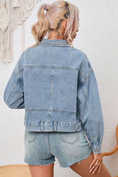 Studded Pocketed Button Up Denim Jacket - NocturnalExpressions