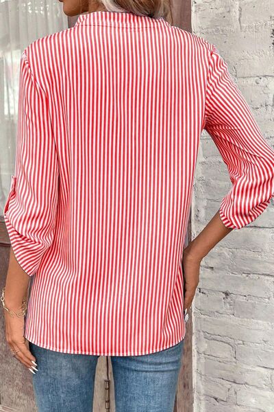 Striped Notched Roll-Tab Sleeve Shirt - NocturnalExpressions