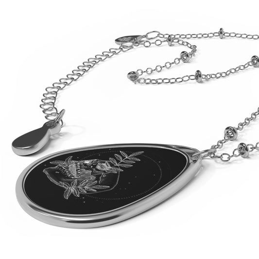 Black & White Skull & Leaves Graphic Elipse Necklace - NocturnalExpressions