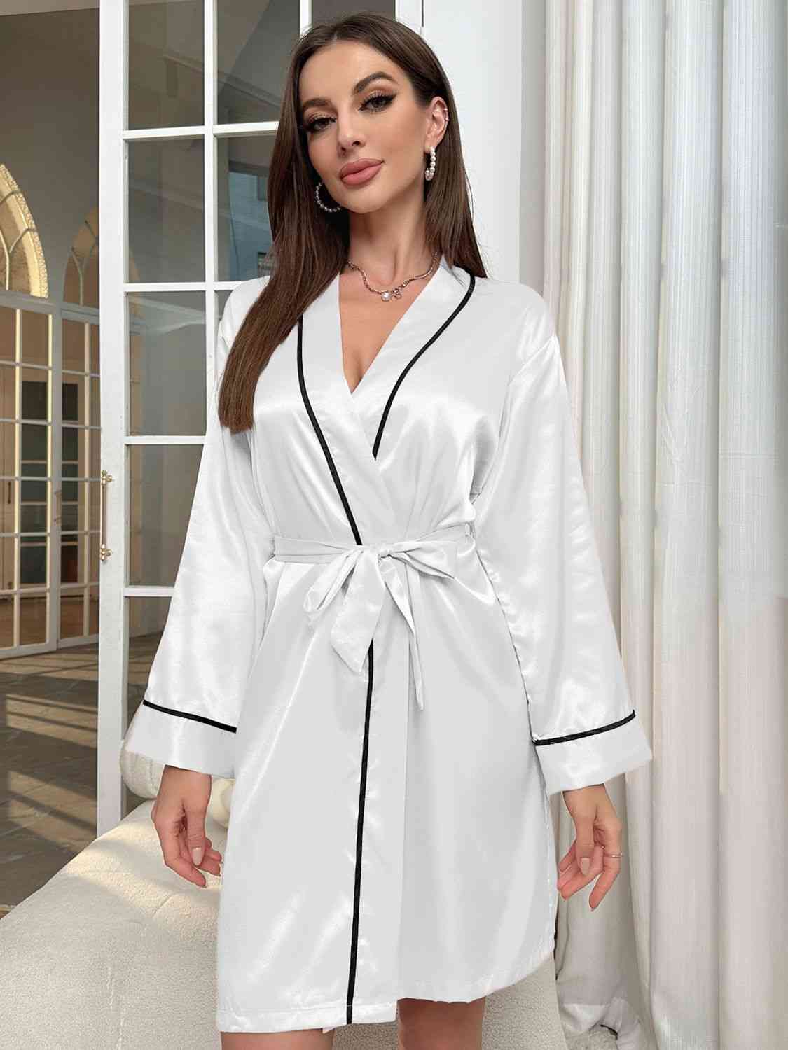 Tie Waist Surplice Neck Robe - NocturnalExpressions